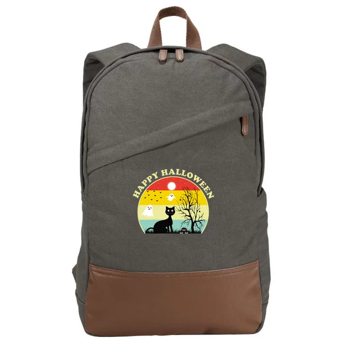 Happy Halloween Black Cat Retro Sunset Cotton Canvas Backpack