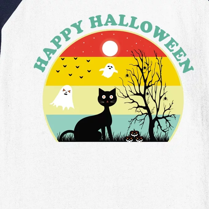 Happy Halloween Black Cat Retro Sunset Baseball Sleeve Shirt