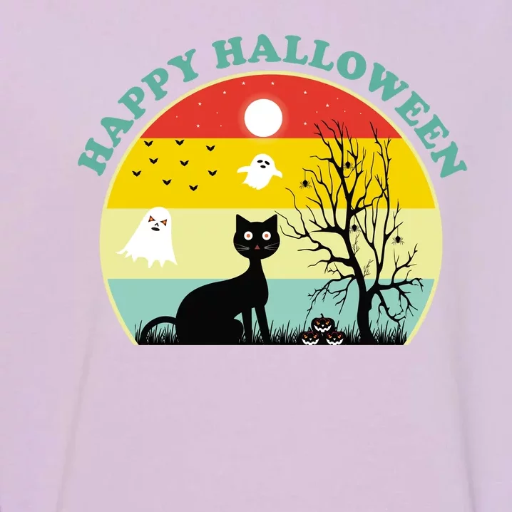 Happy Halloween Black Cat Retro Sunset Garment-Dyed Sweatshirt