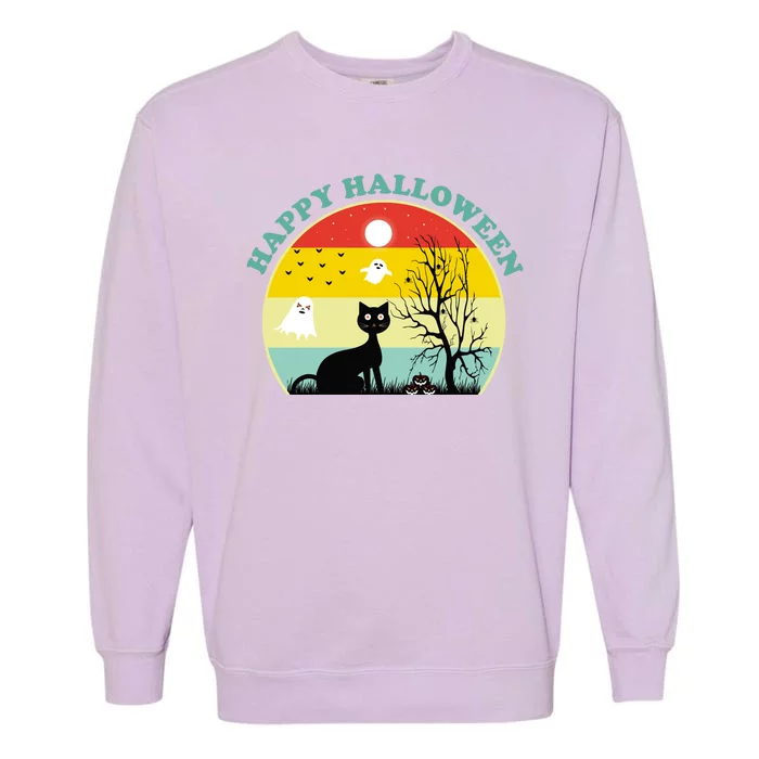 Happy Halloween Black Cat Retro Sunset Garment-Dyed Sweatshirt