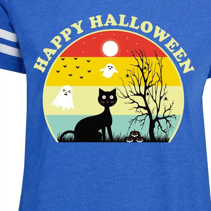 Happy Halloween Black Cat Retro Sunset Enza Ladies Jersey Football T-Shirt