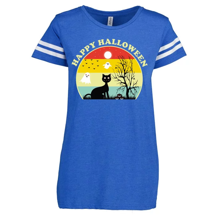 Happy Halloween Black Cat Retro Sunset Enza Ladies Jersey Football T-Shirt