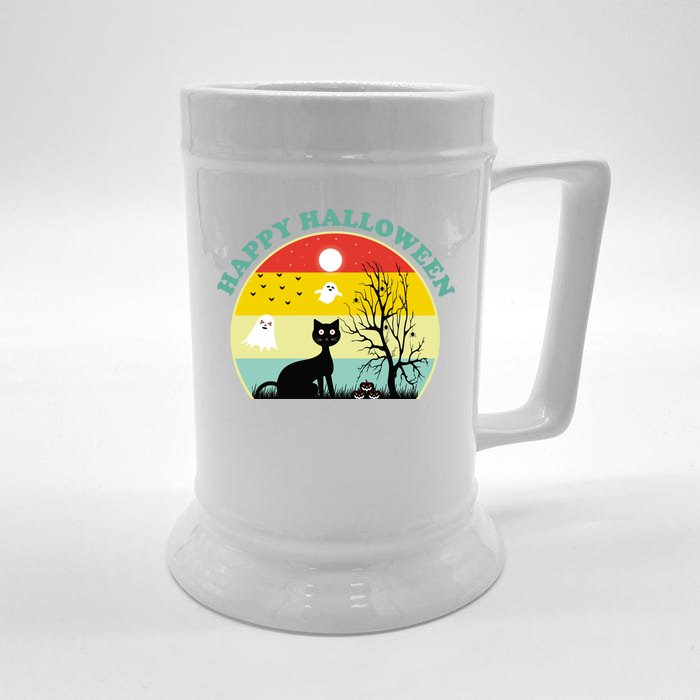 Happy Halloween Black Cat Retro Sunset Front & Back Beer Stein