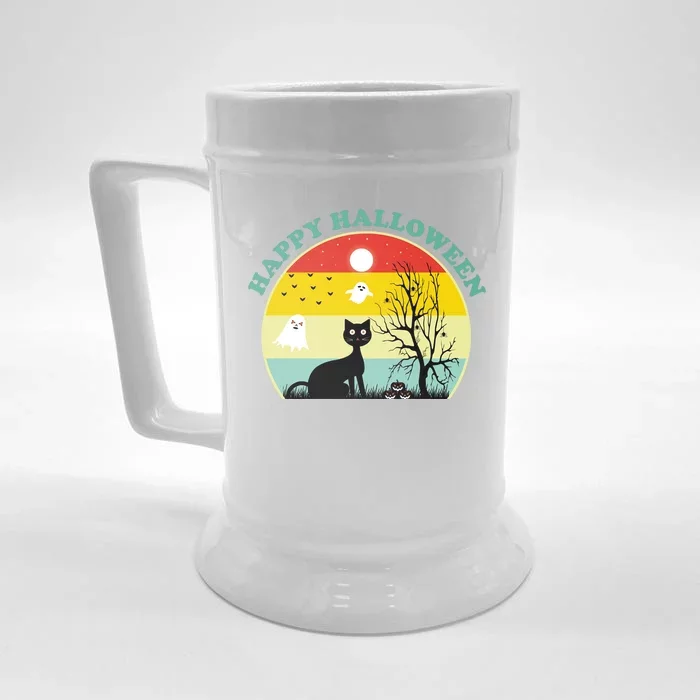 Happy Halloween Black Cat Retro Sunset Front & Back Beer Stein