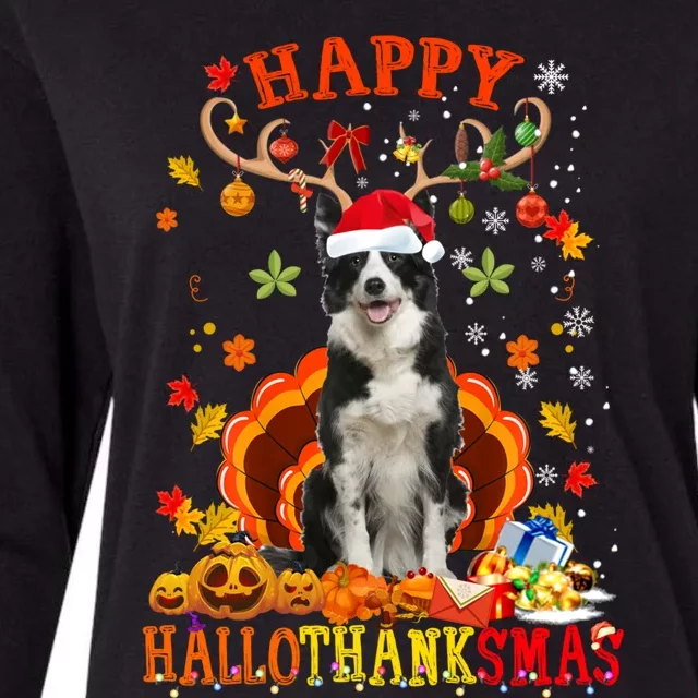 Happy Hallothanksmas Border Collie Dog Halloween Xmas Tees Gift Womens Cotton Relaxed Long Sleeve T-Shirt