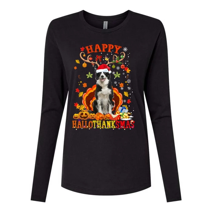 Happy Hallothanksmas Border Collie Dog Halloween Xmas Tees Gift Womens Cotton Relaxed Long Sleeve T-Shirt