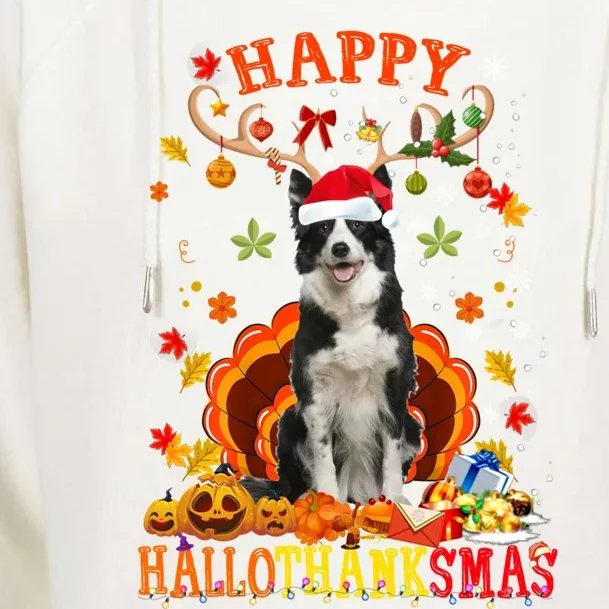 Happy Hallothanksmas Border Collie Dog Halloween Xmas Tees Gift Womens Funnel Neck Pullover Hood