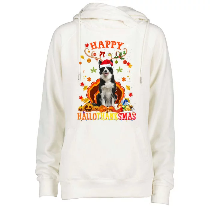 Happy Hallothanksmas Border Collie Dog Halloween Xmas Tees Gift Womens Funnel Neck Pullover Hood