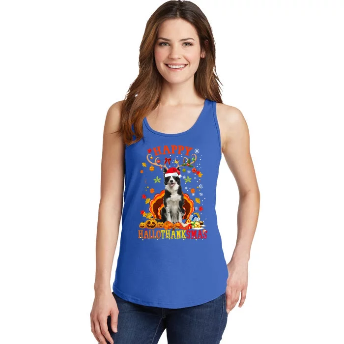 Happy Hallothanksmas Border Collie Dog Halloween Xmas Tees Gift Ladies Essential Tank