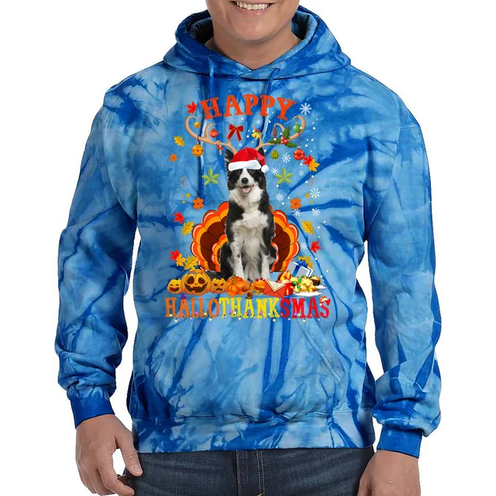 Happy Hallothanksmas Border Collie Dog Halloween Xmas Tees Gift Tie Dye Hoodie