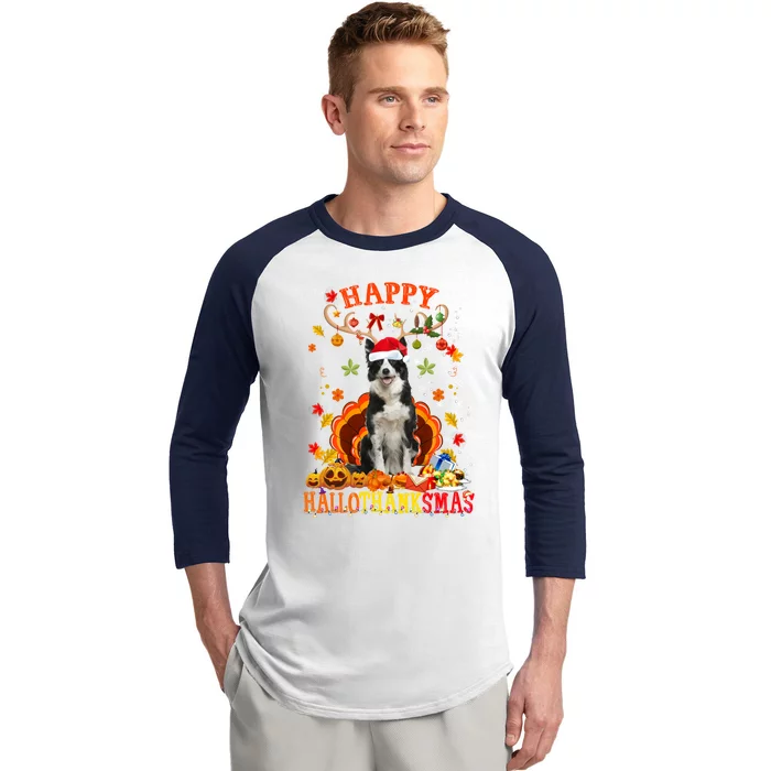 Happy Hallothanksmas Border Collie Dog Halloween Xmas Tees Gift Baseball Sleeve Shirt