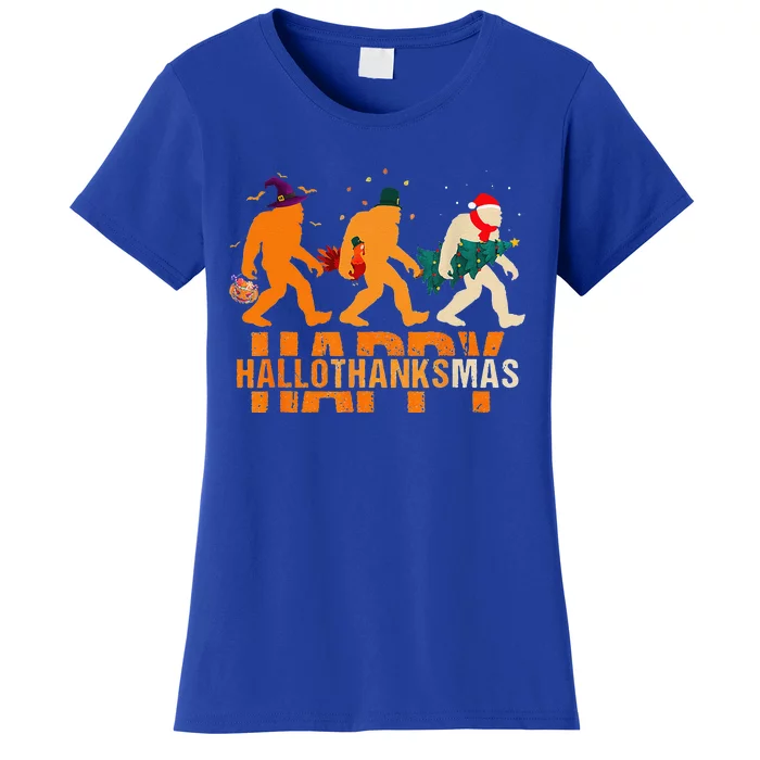 Happy Hallothanksmas Bigfoot Halloween Thanksgiving Christma Women's T-Shirt