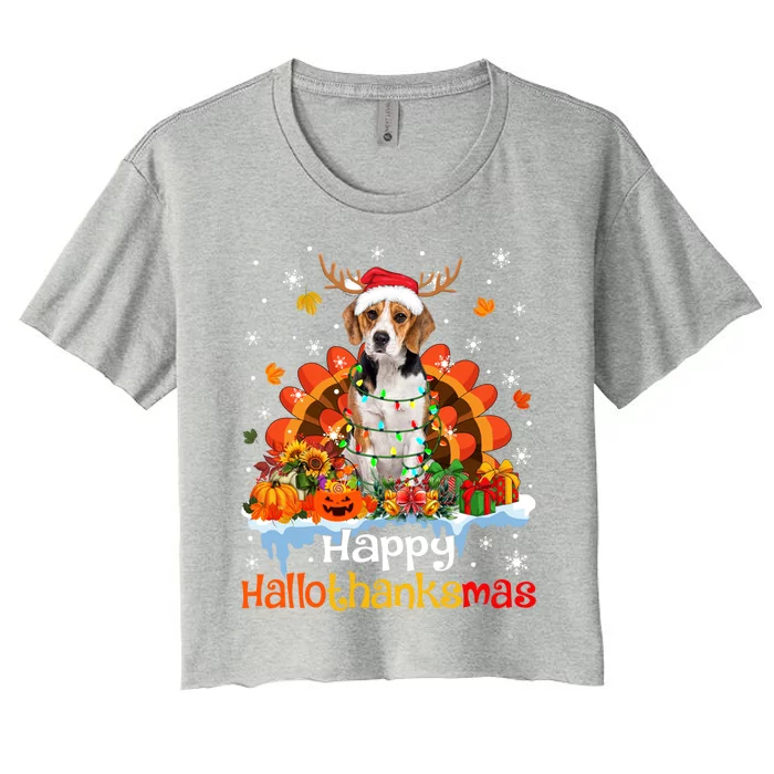 Happy Hallothanksmas Beagle Dog Halloween Thanksgiving Xmas Gift Women's Crop Top Tee