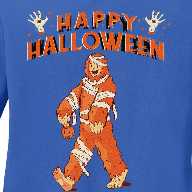 Happy Halloween Bigfoot Pumpkin Sasquatch Ladies Long Sleeve Shirt