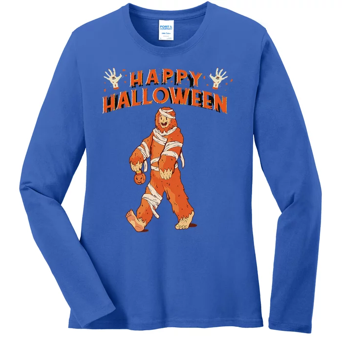 Happy Halloween Bigfoot Pumpkin Sasquatch Ladies Long Sleeve Shirt