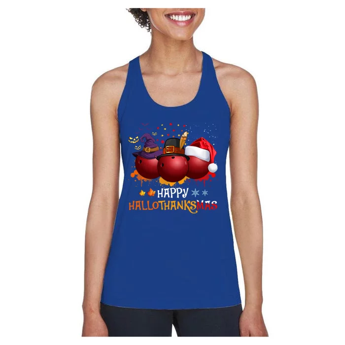 Happy Hallothanksmas Bowling Halloween And Christmas Autumn Gift Women's Racerback Tank