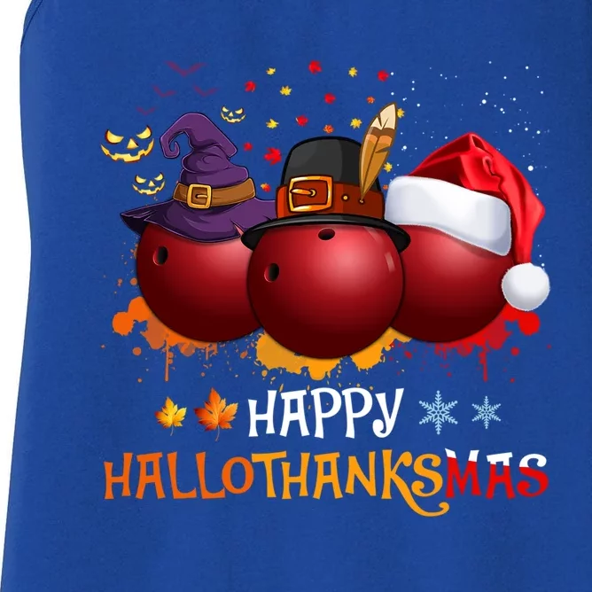 Happy Hallothanksmas Bowling Halloween And Christmas Autumn Gift Women's Racerback Tank