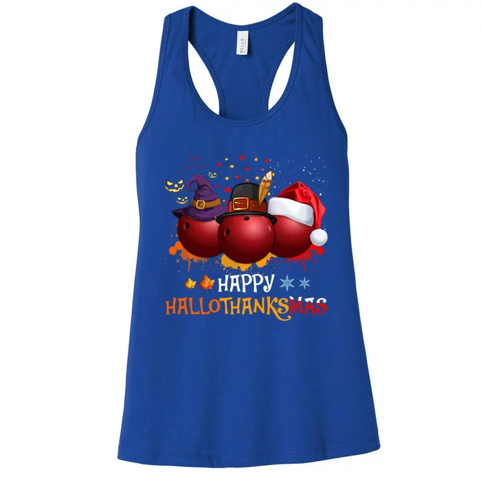 Happy Hallothanksmas Bowling Halloween And Christmas Autumn Gift Women's Racerback Tank