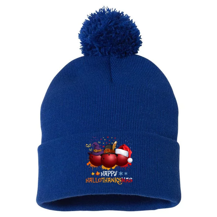 Happy Hallothanksmas Bowling Halloween And Christmas Autumn Gift Pom Pom 12in Knit Beanie