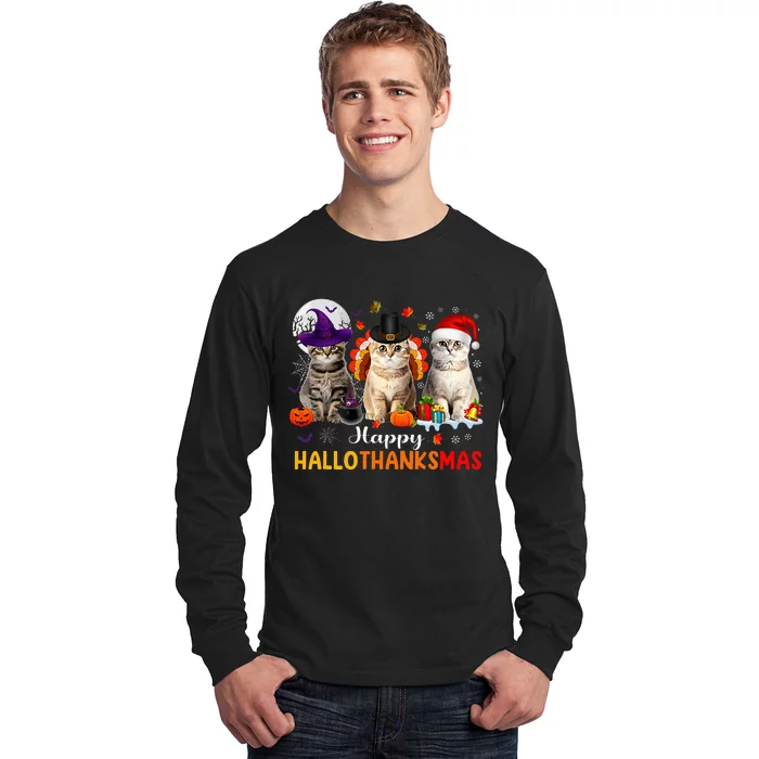 Happy Hallothanksmas Cats Halloween Thanksgiving Christmas Long Sleeve Shirt