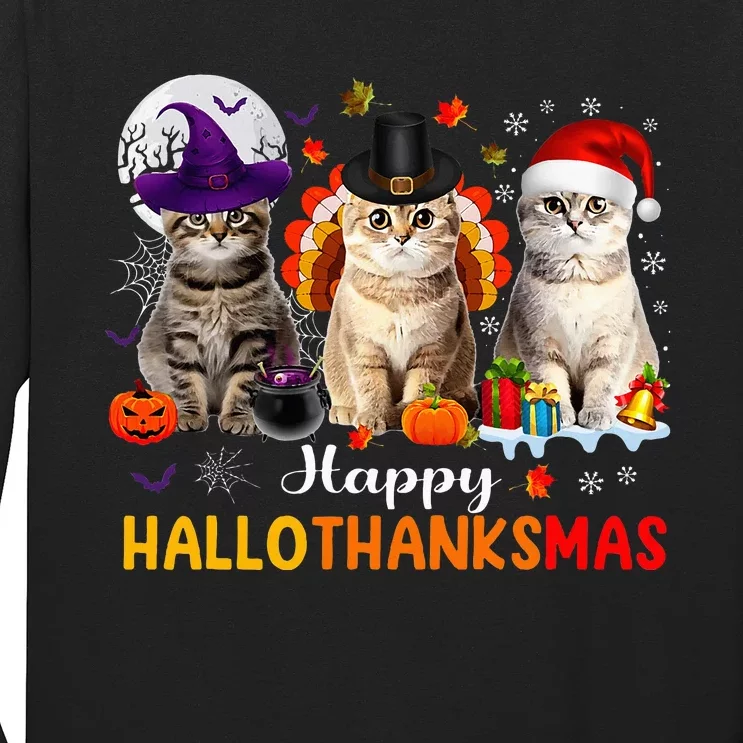 Happy Hallothanksmas Cats Halloween Thanksgiving Christmas Long Sleeve Shirt