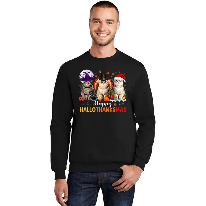 Happy Hallothanksmas Cats Halloween Thanksgiving Christmas Sweatshirt