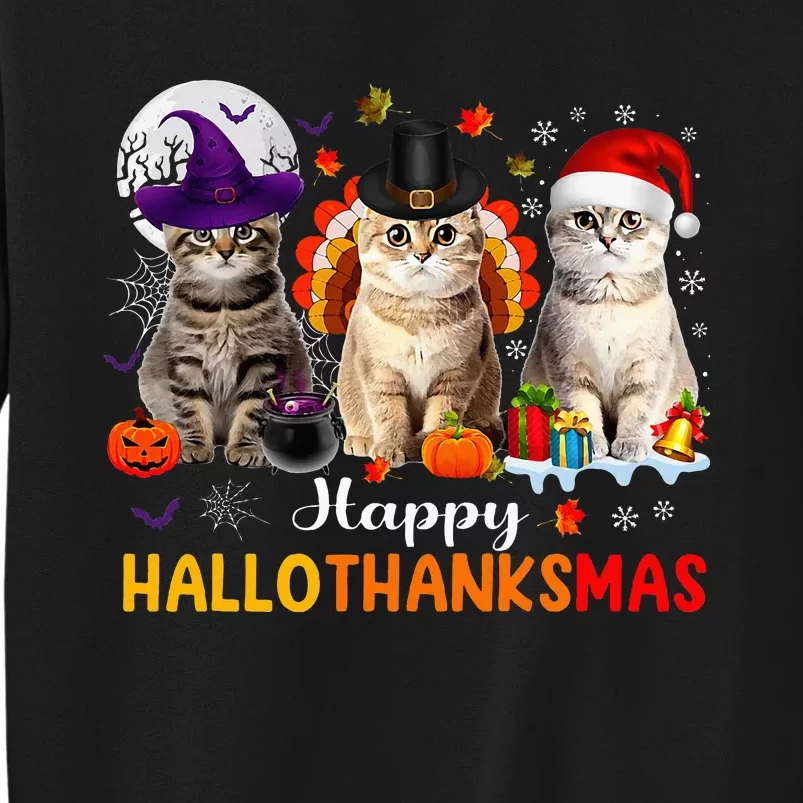 Happy Hallothanksmas Cats Halloween Thanksgiving Christmas Sweatshirt