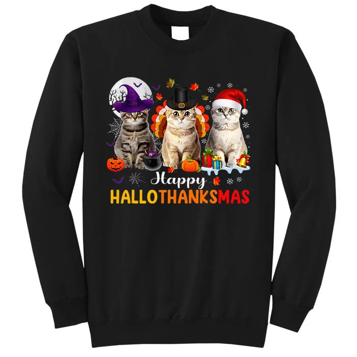 Happy Hallothanksmas Cats Halloween Thanksgiving Christmas Sweatshirt