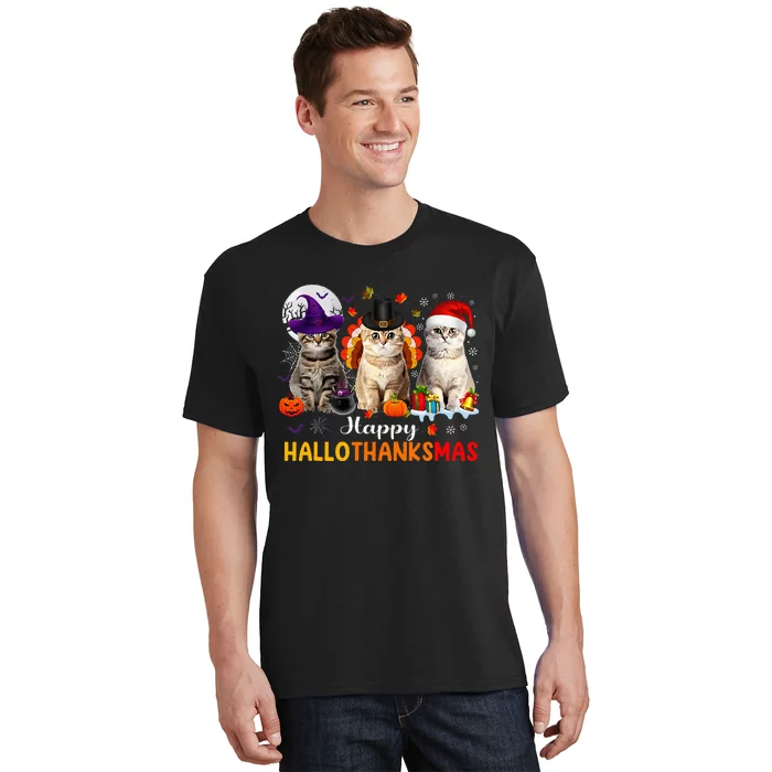 Happy Hallothanksmas Cats Halloween Thanksgiving Christmas T-Shirt