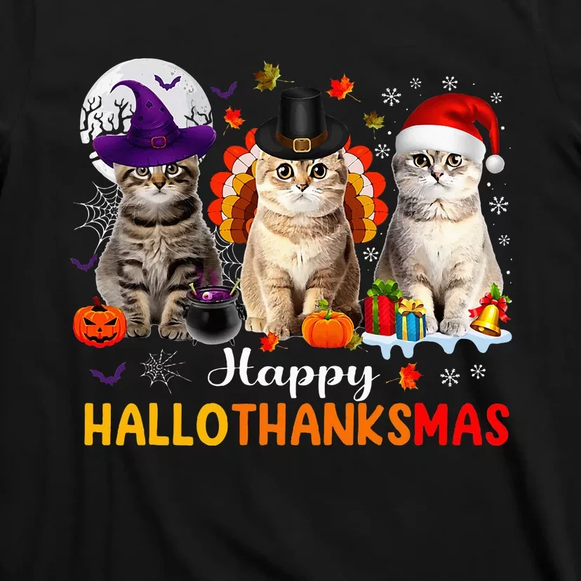 Happy Hallothanksmas Cats Halloween Thanksgiving Christmas T-Shirt