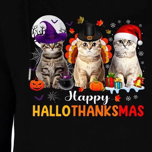 Happy Hallothanksmas Cats Halloween Thanksgiving Christmas Womens Funnel Neck Pullover Hood