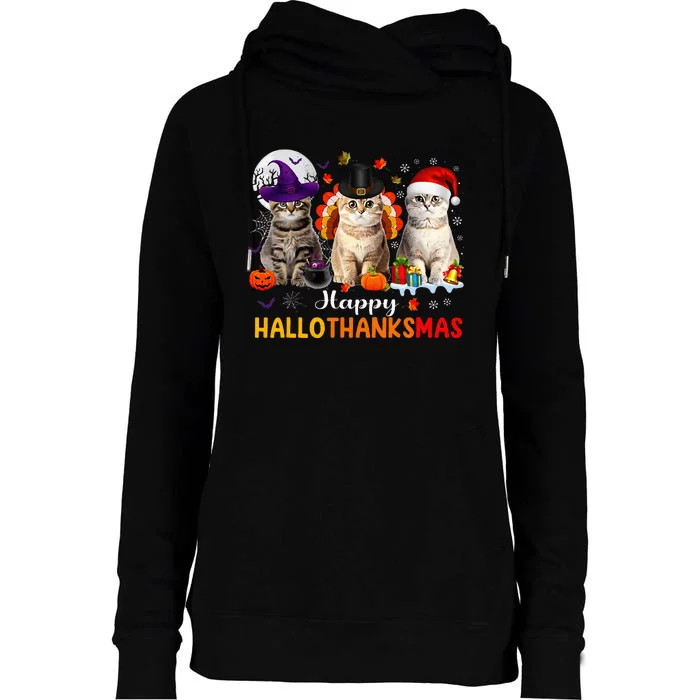 Happy Hallothanksmas Cats Halloween Thanksgiving Christmas Womens Funnel Neck Pullover Hood