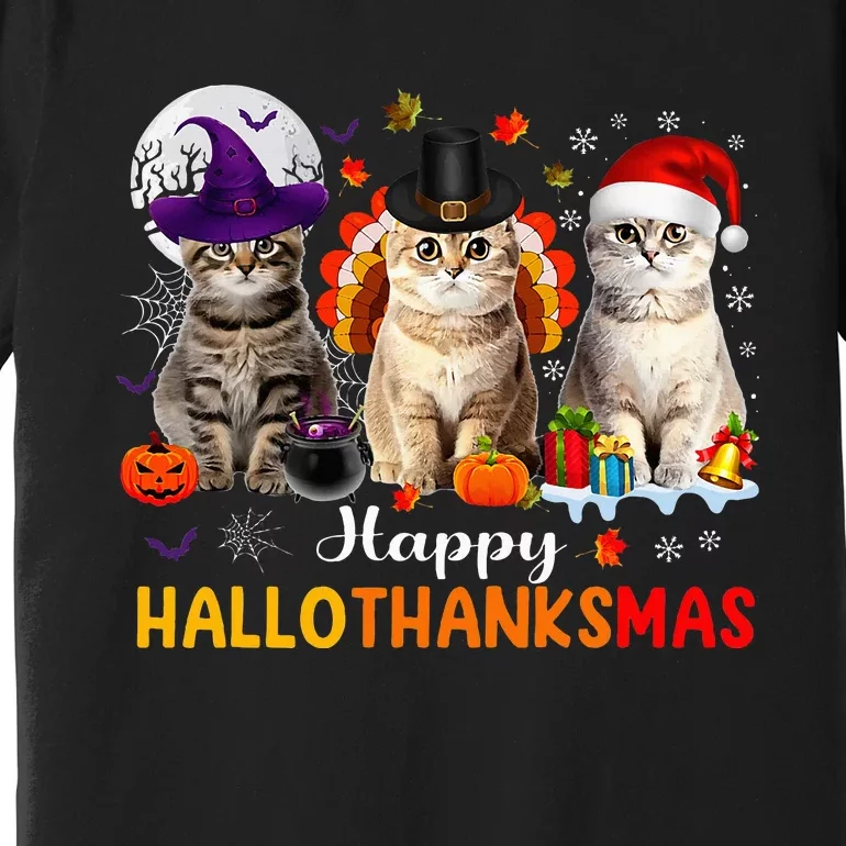 Happy Hallothanksmas Cats Halloween Thanksgiving Christmas Premium T-Shirt