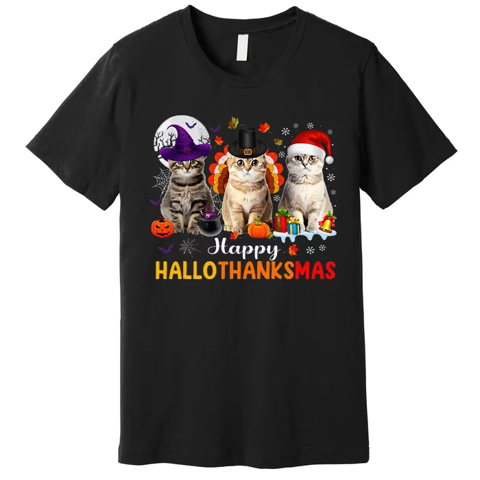 Happy Hallothanksmas Cats Halloween Thanksgiving Christmas Premium T-Shirt