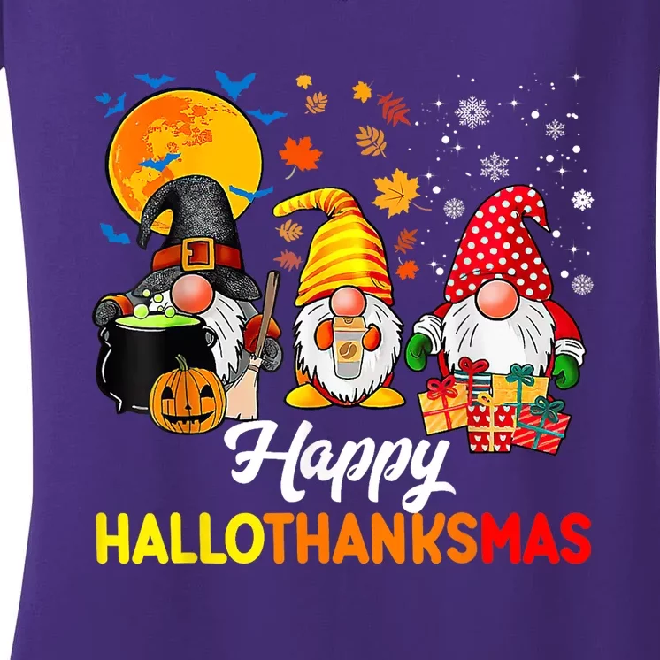 Happy Hallothanksmas Cute Gnomes Fall Halloween Women's V-Neck T-Shirt