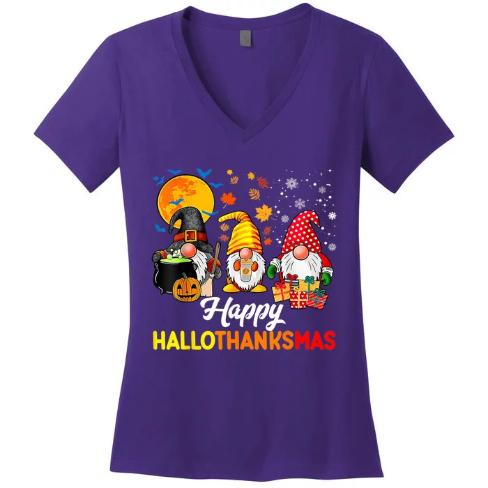 Happy Hallothanksmas Cute Gnomes Fall Halloween Women's V-Neck T-Shirt