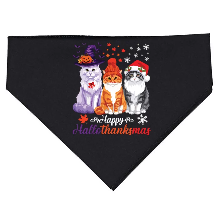 Happy Hallothanksmas Cats Halloween Thanksgiving Christmas USA-Made Doggie Bandana