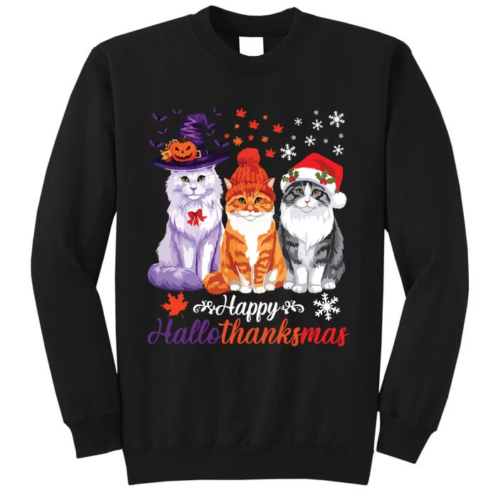 Happy Hallothanksmas Cats Halloween Thanksgiving Christmas Sweatshirt