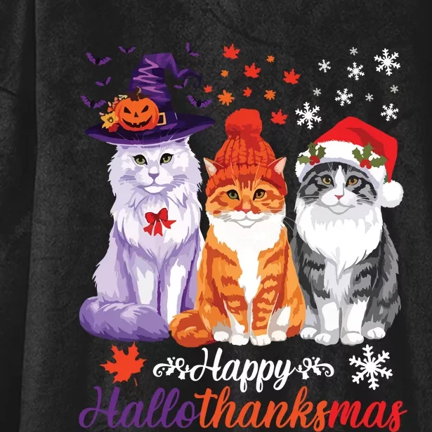 Happy Hallothanksmas Cats Halloween Thanksgiving Christmas Hooded Wearable Blanket