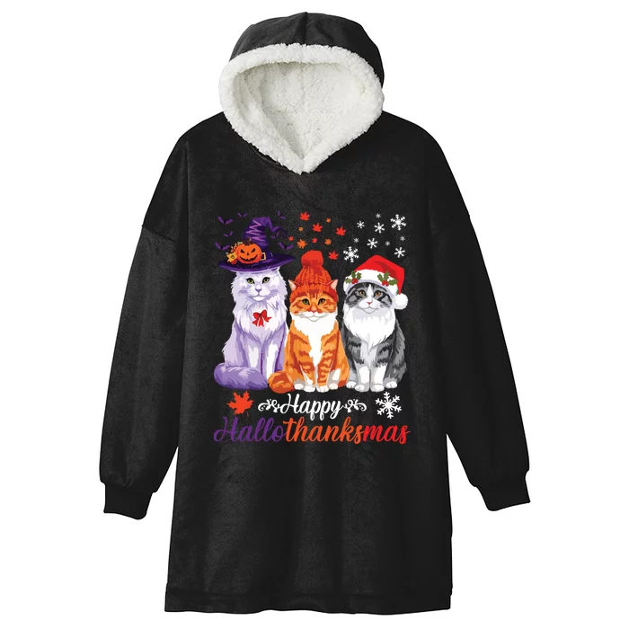 Happy Hallothanksmas Cats Halloween Thanksgiving Christmas Hooded Wearable Blanket