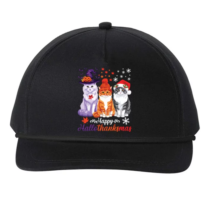 Happy Hallothanksmas Cats Halloween Thanksgiving Christmas Snapback Five-Panel Rope Hat