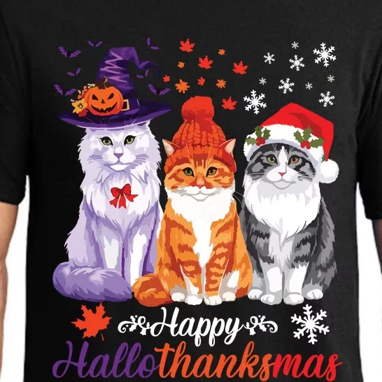 Happy Hallothanksmas Cats Halloween Thanksgiving Christmas Pajama Set