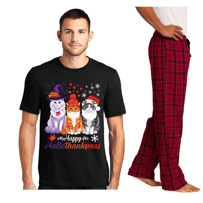 Happy Hallothanksmas Cats Halloween Thanksgiving Christmas Pajama Set