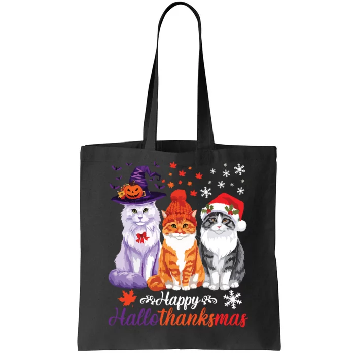 Happy Hallothanksmas Cats Halloween Thanksgiving Christmas Tote Bag