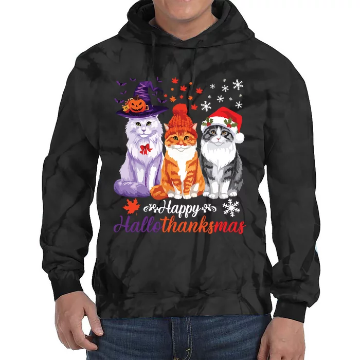 Happy Hallothanksmas Cats Halloween Thanksgiving Christmas Tie Dye Hoodie