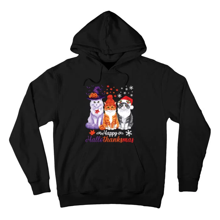 Happy Hallothanksmas Cats Halloween Thanksgiving Christmas Tall Hoodie