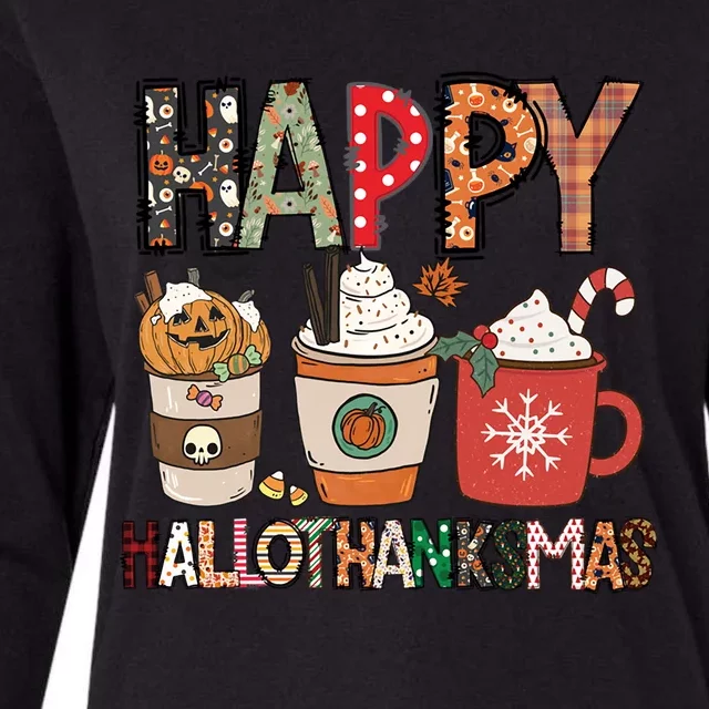 Happy Hallothanksmas Cute Coffee Pumkin Cool Gift Womens Cotton Relaxed Long Sleeve T-Shirt