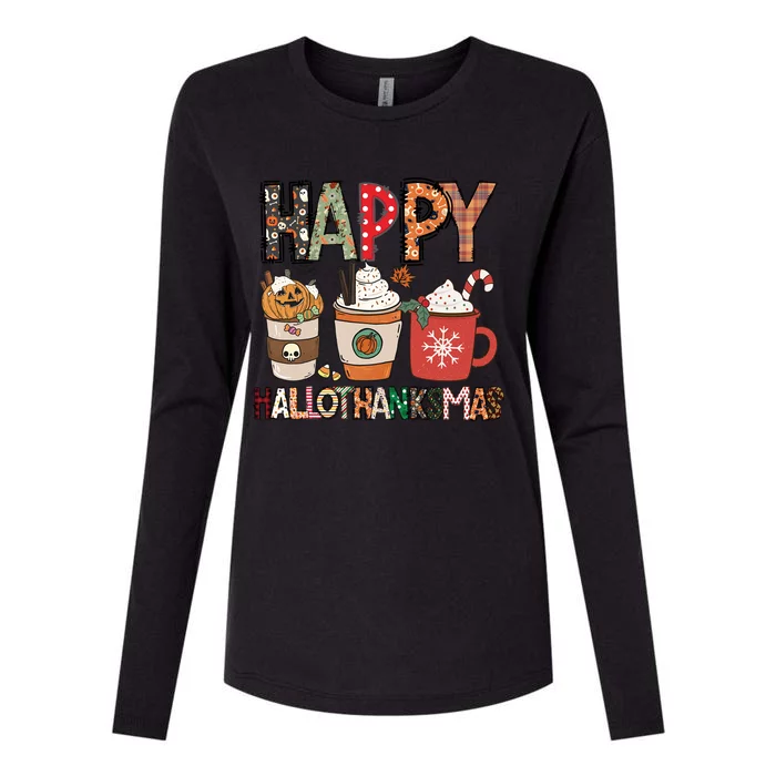 Happy Hallothanksmas Cute Coffee Pumkin Cool Gift Womens Cotton Relaxed Long Sleeve T-Shirt