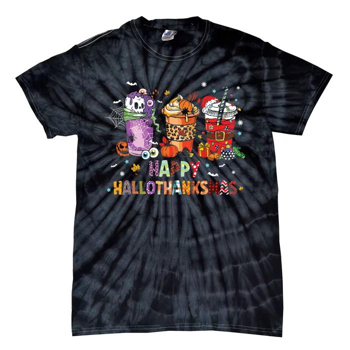 Happy Hallothanksmas Coffee Latte Halloween Thanksgiving Tie-Dye T-Shirt