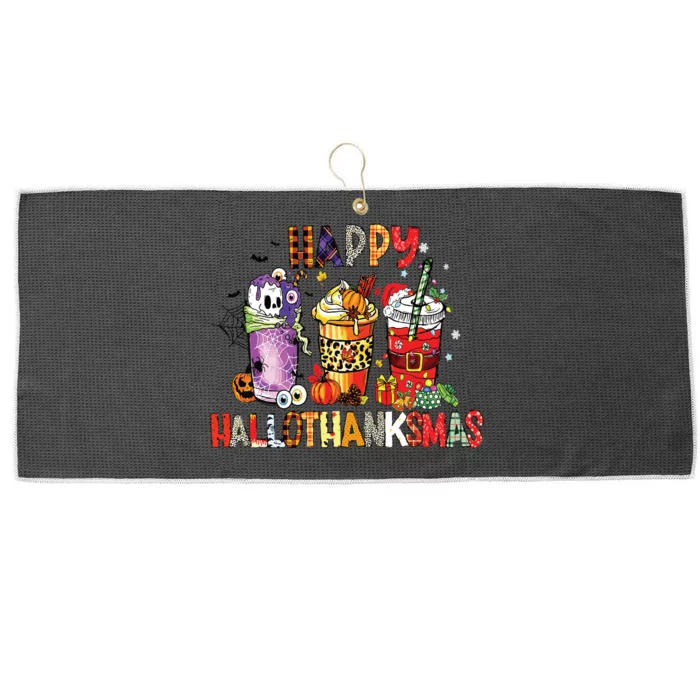 Happy Hallothanksmas Coffee Latte Halloween Thanksgiving Large Microfiber Waffle Golf Towel